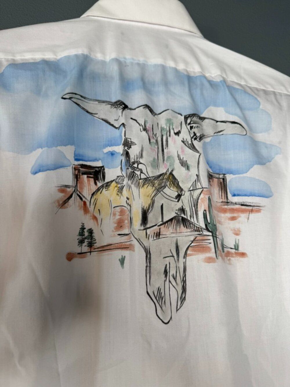 Marquis Hand Painted Western Cowboy Longhorn Skull Shirt Mens Unisex S 14.5